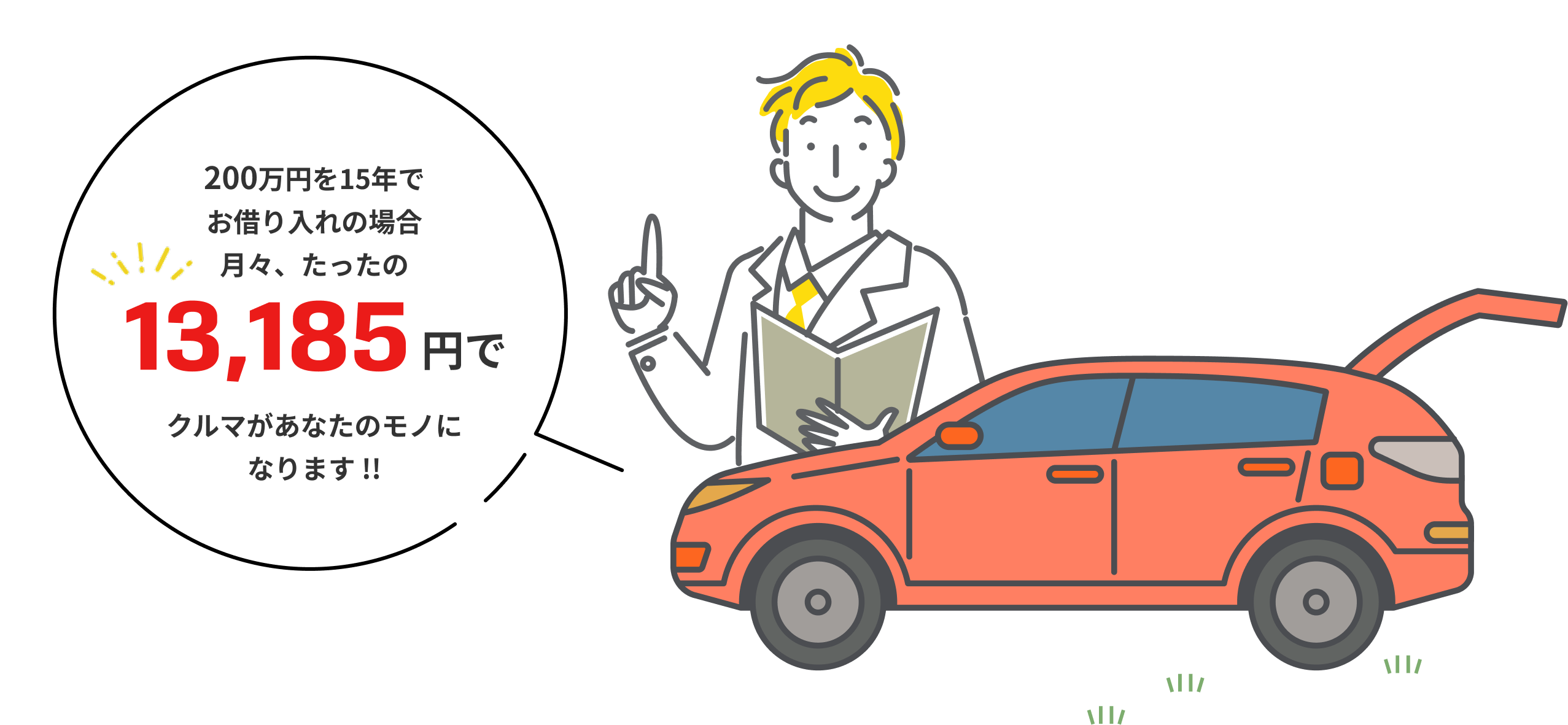 200万円を15年でお借り入れの場合月々、たったの13,185円でクルマがあなたのモノになります!!